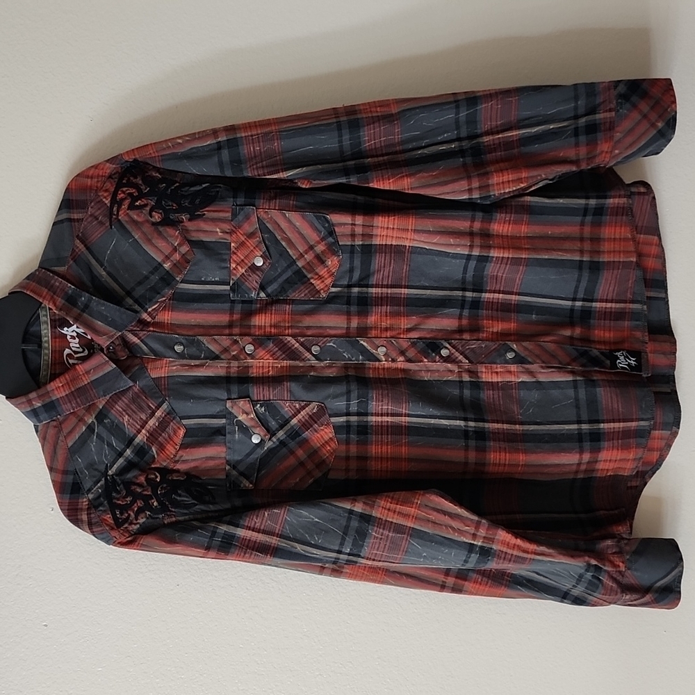 Rock 47 by Wrangler Mens Western Plaid Snap Shirt Large